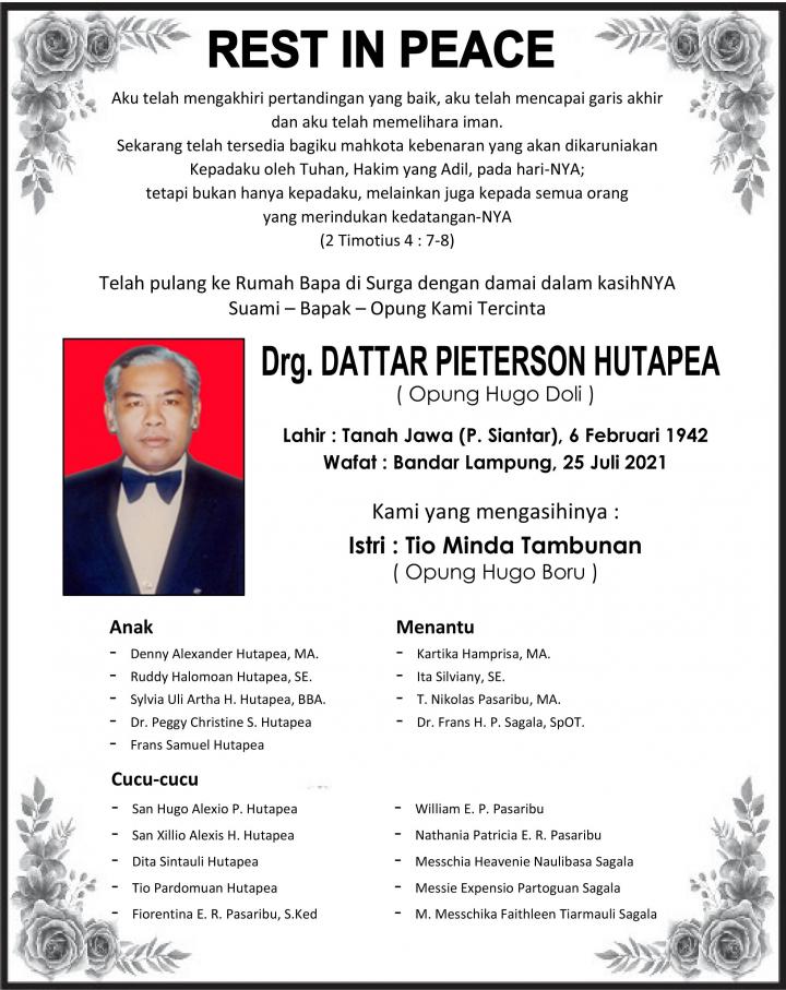 Berita Duka, Bapak Drg. Dattar Pieterson Hutapea, Tutup Usia
